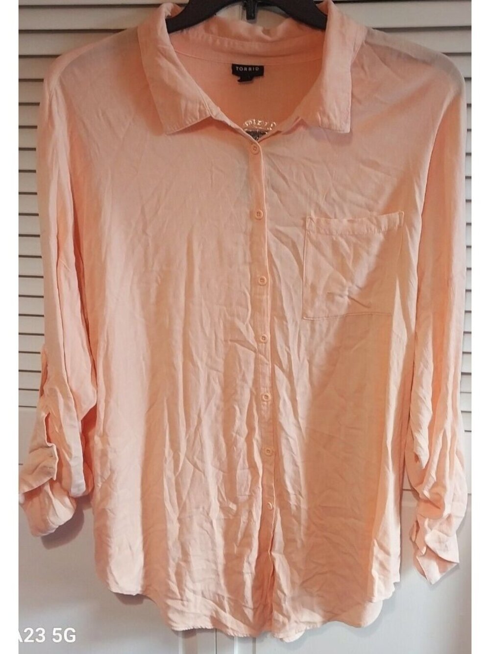 Torrid Peach Button-Down Collared Shirt 2X 18-20 3/4 Sleeve Lightweight Casual